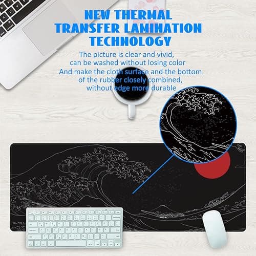 Desk Mat, Black Japanese Style Wave and Red Sun Extended Gaming Mouse Pad Large, 31.5"x11.8" Big Mouse Pad with Non-Slip Base and Stitched Edge, Long Computer Keyboard Mouse Mat for Home Office Work thumbnail 3