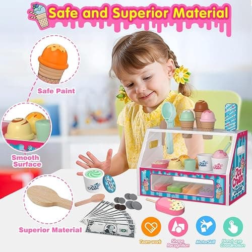 Ice Cream Toys, Wooden Ice Cream Play Set, Pretend Play Toys, 46 Pcs Wooden Play Kitchen Accessories with Menu & Scoop & Menu & Fake Money, Ice Cream Toys for Toddlers 3 4 5 6 Girls Boys Birthday thumbnail 5