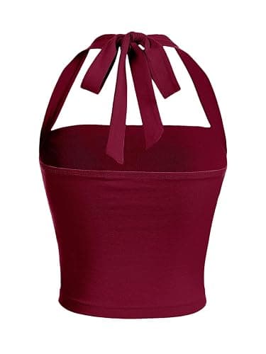SOLY HUX Women's Ruched Halter Y2K Crop Tops Tie Back Sleeveless Slim Fit Cami Tops - X-Small - Solid Burgundy thumbnail 2