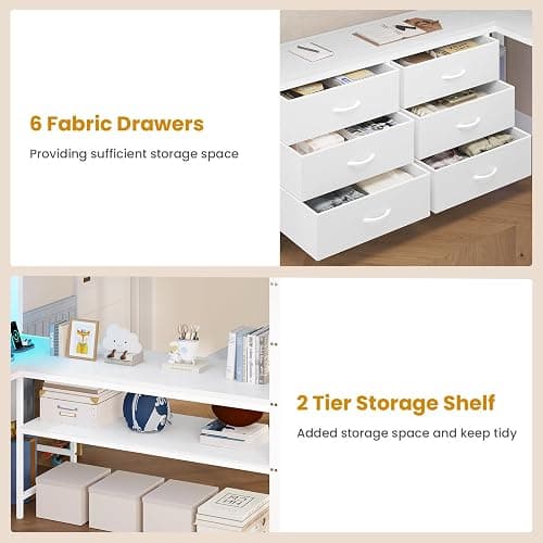 ADORNEVE Loft Bed Full Size with U-Shaped Desk, 6 Storage Drawers, Power Outlet, LED Metal Loft Bed with 2 Storage Shelves, Bed with Safety Guardrail & Ladders,Space-Saving,White thumbnail 5