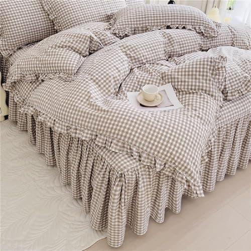 LifeTB Tan Gingham Comforter Set Full Vintage Ruffle Taupe Plaid Comforter Set 3 Pieces Soft Fluffy Grid Checkered Pattern Comforter with 2 Pillowcases Farmhouse Gingham Bedding Comforter Full thumbnail 8