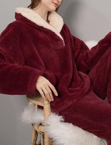 Fenclushy Women's Fluffy Loungewear Sleepwear Lounge Casual Pajamas Sets Loose Long Sleeve Fleece Pullover and Pants Set thumbnail 6