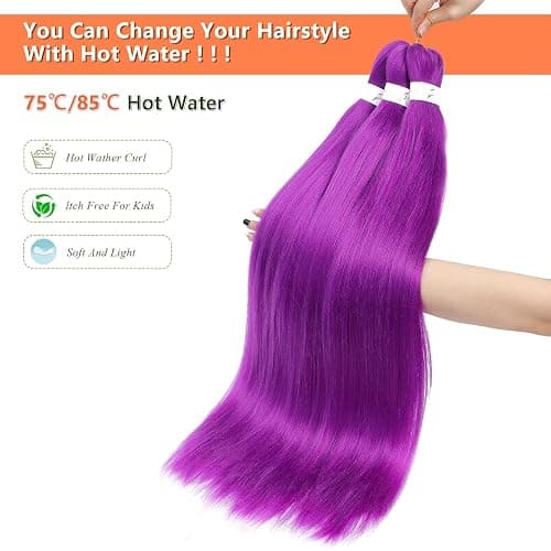 Purple Braiding Hair 24 Inch 3 Packs Braiding Hair Pre Stretched Colored Hair Extensions for Twist or Box Braids Hot Water Setting Soft Yaki Texture Long Synthetic Crochet Braids(24Inch, Purple) thumbnail 4