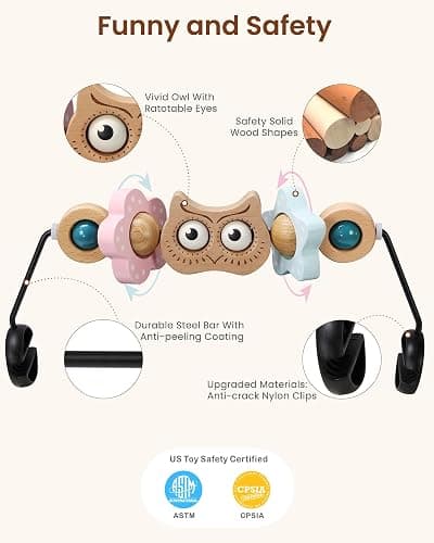 TinlyFinly Baby Bouncer Toy Bar Wooden Compatible with Baby Bjorn Bouncer, Bouncer Toy Attachment, Tight and Secure Fit, So Fun to Watch, Touch and Spin for Babies All Ages (Wood Color Owl) thumbnail 4