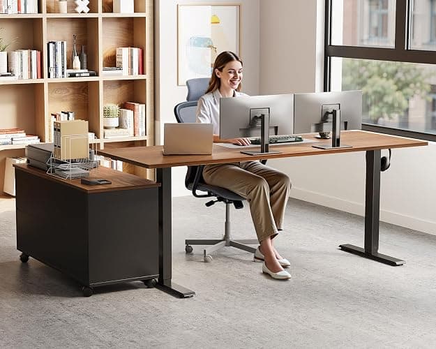 OffiGo 55 Inch L Shaped Electric Standing Desk with Drawers & File Cabinet Sets, Executive Sit Stand Desk, Height Adjustable Computer Desk for Home Office, Writing, Workstation, Walnut+Black thumbnail 8