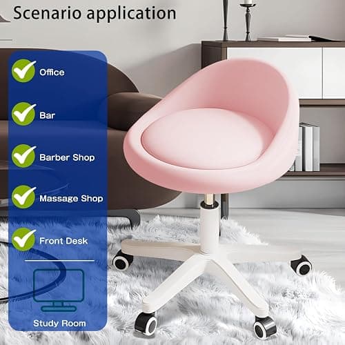 Rolling Stool – Ergonomic Swivel Seat, Adjustable Height, Ultra-Quiet Wheels, Padded PU Leather Cushion, for Salon, Office, Massage & Medical Use Pink 1 thumbnail 3
