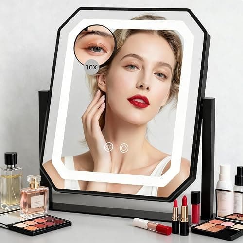 Lighted Makeup Mirror, 3 Colors for Precise Application, Touch Control Brightness Adjustment for Easy Use, with a Detachable 10x Magnifying Mirror, 13.4“ x 12” Hollywood Vanity Mirror for Plug-in Use - Image 1