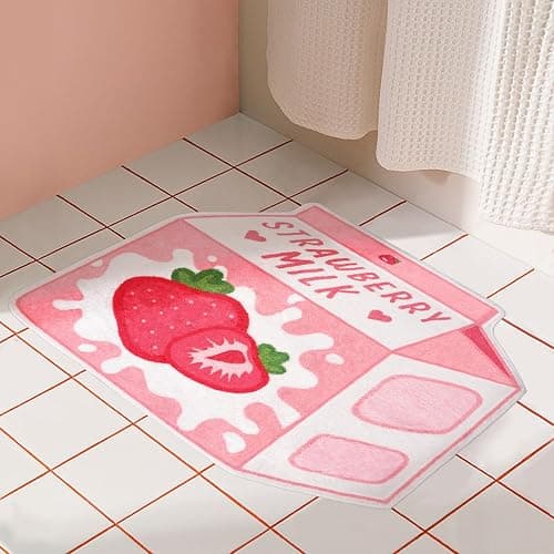 Kitcmat Cute Pink Fruit Strawberry Milk Rug Non-Slip Soft Washable Funny Irregular Shaped Bath Mat for Bathroom, Bedroom Living Room, 25.6"x27.5" thumbnail 2