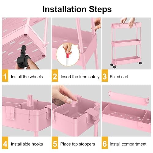 SPACELEAD Slim Storage Cart 3 Tier,Bathroom Organizer Rolling Utility,Mobile Shelving Unit Slide Out for Office, Kitchen, Laundry Room & Narrow Places,Pink - Pink thumbnail 2