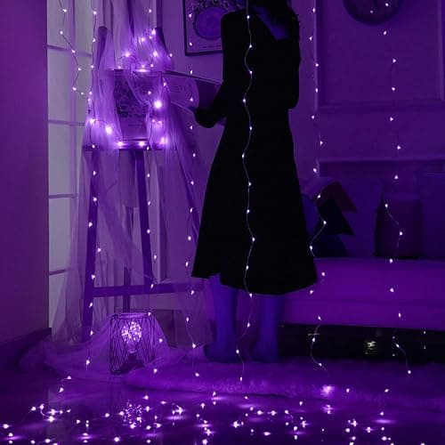 HOME LIGHTING Window Curtain String Lights, 300 LED 8 Lighting Modes Fairy Copper Light with Remote, USB Powered for Halloween Christmas Bedroom Party Wedding Home Garden Wall Decorations, Purple thumbnail 3