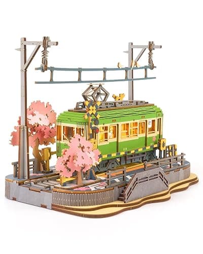 Rolife 3D Wooden Puzzle for Adults, Sakura Journey Tram DIY Model Building Kits with LED Lights, Creative Kids Craft Hobby Gift and Brain Teaser Home Decor Assembly Toy - Image 1