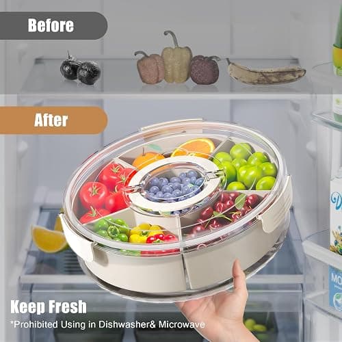 Divided Serving Tray with Lid and Handle,Large Snack Spinner,Snackle Box Container, Multi-purpose Food Platter for Charcuterie Veggie Fruit, Taco Tuesday Movie Night Travel Beach Picnic Essentials - White - 11.4" thumbnail 4