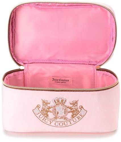 Juicy Couture Pink Makeup Bag Cosmetics Organizer Travel Essentials Train Case Gold Terroir Dog Rhinestone Crown Velour thumbnail 5