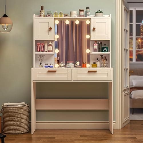 FIONESO Coiffeuse avec Grand Miroir，luminosité réglable,Table de Maquillage avec 2 Tiroirs et 2 Armoires, Moderne Coiffeuse, Blanc thumbnail 9