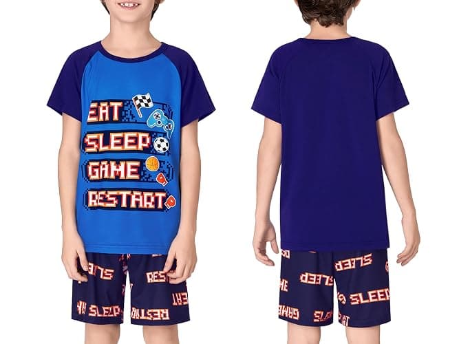 Beezizac Pajamas For Little Big Boys Cozy 3-Piece Soft Short Sleeves Shorts Set & Pants Cool PJ Kid Size 6-18 thumbnail 2