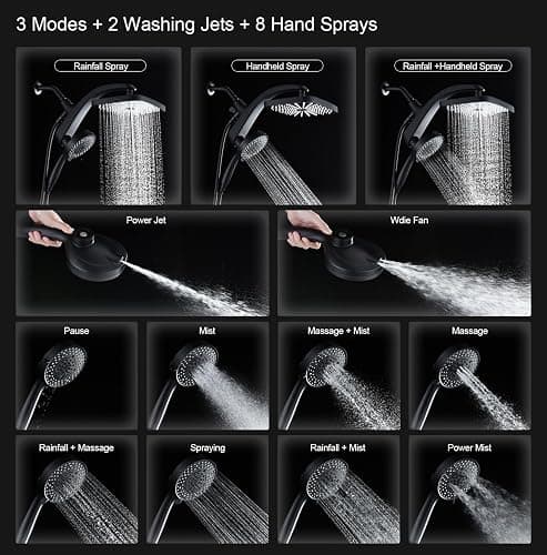 High Pressure Rain Shower Head: Upgrade Shower Heads with Handheld Spray Combo with Fixed Showerhead and 10 Sprays Handheld Shower Head, Detachable Showerheads Built-in Magnetic Docking and Power Jets thumbnail 4