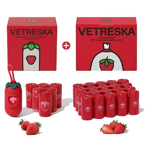 VETRESKA Dog Poop Bag Dispenser with Strawberry Scented Bags, Leak Proof, Extra Thick and Large Pet Waste Bags,1 Count Bag Holder and 405 Bags (27 Refill Rolls) for Walking Dog and Cats Litter, Red - Image 1