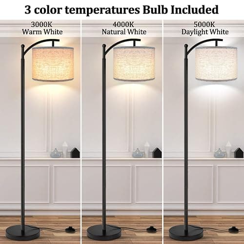 ROTTOGOON Floor Lamp for Living Room with 3 Color Temperatures LED Bulb, Standing Lamp Tall Industrial Floor Lamp Reading for Bedroom, Office (9W LED Bulb, Beige Lampshade Included) -Black thumbnail 2