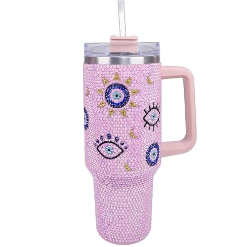 Cupcupmore 40 oz Pink Evil Eye Bling Rhinestone Stainless Steel Sippy Tumbler Glitter Vacuum Insulated Water Bottle with Straw & Lid &Handle,Sparkle Car Cup Holder,Keeps Cold 12 Hours Drinks,Coffee - Image 1