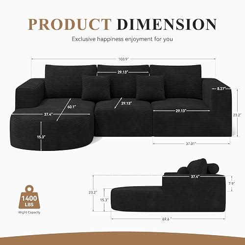 L-Shaped Boneless Couch,104" Couches for Living Room with Curved Chaise,Modular Sectional Sofa with Deep Seat,Modern Cozy Cloud Compression Sofas,No Assembly Required(Black) 1PCS thumbnail 2