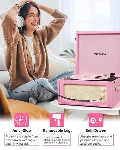 Vintage Standing Pink Vinyl Record Player with Detachable Legs, Built-in 4 Speakers, USB to PC Encoding, 33/45/78 RPM LP Player Bluetooth Retro Turntables Support Headphone Jack, RCA Out, AUX in thumbnail 8