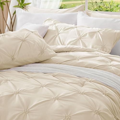 BEDELITE Queen Comforter Set Beige - 3 Pieces Boho Pintuck Bedding Sets, Queen Size Bed Set with 2 Pillow Shams for All Seasons, Room Decor Valentine's Gift,Lightweight Soft and Warm thumbnail 6