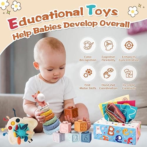 Montessori Baby Toys 6-12 Months, 4 in 1 Montessori Toys Set 6 Months Old+, Stacking Building Blocks Infant Toys, Tissue Box Toy, Baby Sensory Toys for 1 2 3 Year Old Boy Girl - 4 in 1 toy thumbnail 4