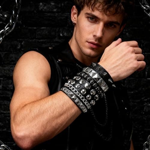 Retro Vintage Emo Goth Y2K Studded Leather Cuff Bracelet Set for Men Women | 4Pcs/Set, Multiple Bangle Wristbands 80s 90s 2000s Punk Rock Concert Jewelry Accessories Street Hip Hop Outfit thumbnail 2