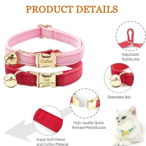 Personalized Cat Collar with Bells,Velvet Customized Small Cat Collar with Name Tag,Pet Collar with Name Phone Number Engraved ID Tags for Boy and Girl Kitten Cats (Cream) thumbnail 7