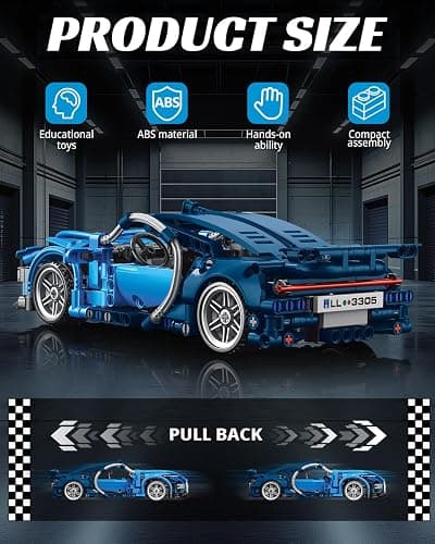 Nueris 1:18 Technic Super Sports Cars Model Sets - 423 PCS Blue MOC Building Block Car Raceing Engineering Toys - Gift Idea for Adults Boys Girls for Play and Display Collection thumbnail 3