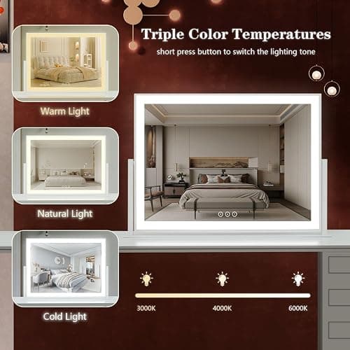 Acoolda Vanity Mirror with Lights, Large Makeup Mirror with Lights, LED Lighted Makeup Mirror with 3 Color Light Modes, Smart Touch Tabletop Mirror for Makeup Desk 360° Rotation 22.8" x 18" White thumbnail 3