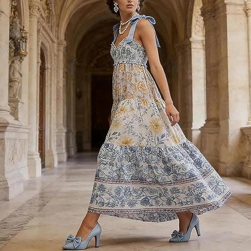 ABYOVRT Women Floral Maxi Dress Tie Shoulder Patchwork Smocked Flowy Boho Dress with Pockets Summer Vacation Sundress thumbnail 4