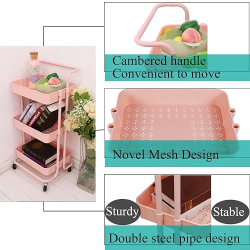 Lontenrea 3-Tier Multifunction Rolling Cart Utility Storage Shelves Cart with Hanging Cup Lockable Wheels and Handle for Office Living Room Kitchen Bathroom (Pink) thumbnail 5