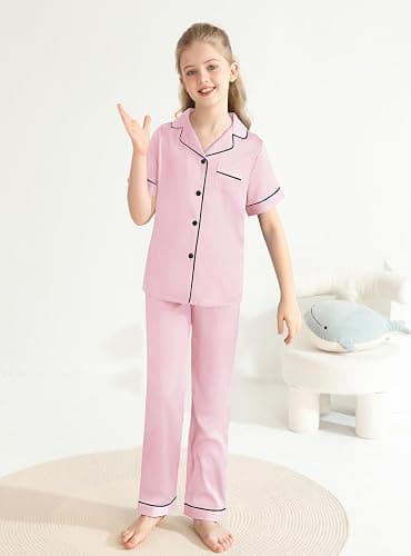 Veseacky Unisex Satin Pajamas Set Boys Girls Silk Pjs Short Sleeve 2 Piece Sleepwear Button-Down Kids Nightwear(4-13T) - Pants-pink - 12-13 Years thumbnail 3