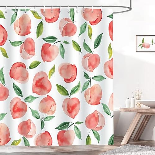 Bonhause Peach Shower Curtain, Allover Fruits Pink Peachy Bathroom Curtain 72x72 Inch Polyester Fabric Waterproof Bath Curtain with 12 Hooks thumbnail 3
