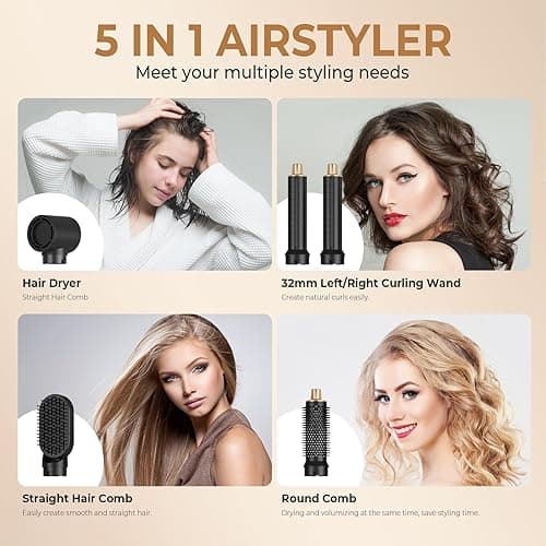 Blow Dryer Brush 5 in 1, Negative Ion Hair Dryer Brush Set Upgrade Hot Air Brush Air Styler Curling Wrap Air Curler, Curling Iron Hair Styling Tools As A Gift for Straight/Curl/Drying/Smoothing - Black Gold thumbnail 5