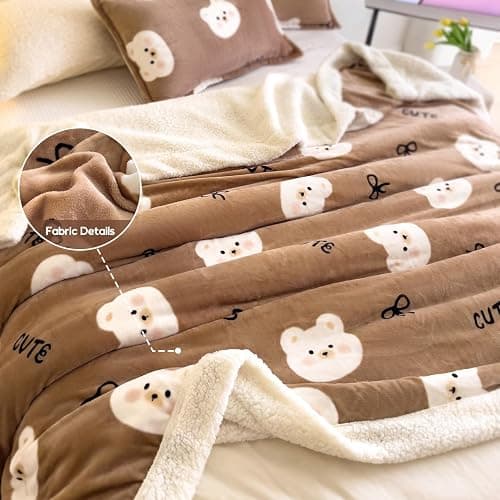 YYTCOZYY Cute Bear Print Blanket – Reversible Soft Fleece Sherpa Throw Blanket for Women, Cozy Warm Plush Blanket for Couch Bed Office, Camel Brown (80"x90") thumbnail 8