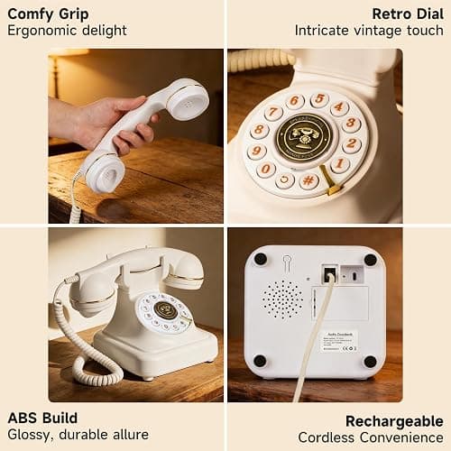 Bluetooth Retro Landline Phone for Cell Phone, Rotary Home Phones, White | Vintage Old Fashioned Telephone with Speakerphone & Volume Control, Wireless Rechargeable Telephone for Bedroom, Home Office thumbnail 5