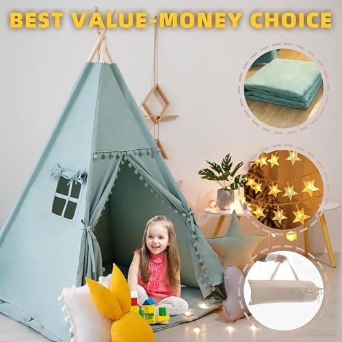 RONGFA Teepee Tent for Kids with Mat, Star Lights, Carry Case, Cotton Canvas Playhouse, Foldable Tents, Portable Children Play Tent Indoor Outdoor (Jewelry Blue) thumbnail 6