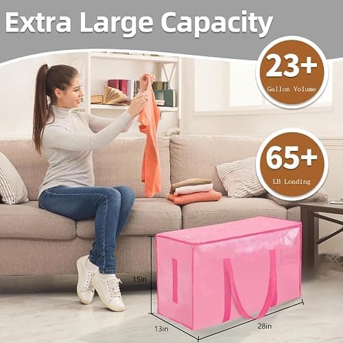 8 Pack-Extra Large Heavy Duty Moving Bags - Waterproof Storage Totes with Handles & Zippers, Foldable for College Dorm, Storage (Pink) thumbnail 3
