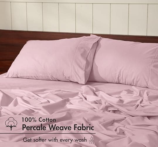 RUVANTI 100% Cotton Percale Sheets Queen, Dusty Rose | Crisp Cooling Summer Bed Sheets, Deep Pocket 14", Soft Peach Finish, Breathable & Durable Hotel-Style, 4 Piece Set thumbnail 5