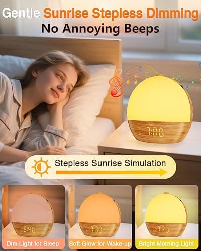 Sunrise Alarm Clock with Sound Machine - Wake Up Light, Wood Grain, Bluetooth, Dual Digital Alarm Clocks for Bedrooms, Adjustable Brightness, 30 Sleep Sounds, White Noise Machine for Baby & Adults thumbnail 2