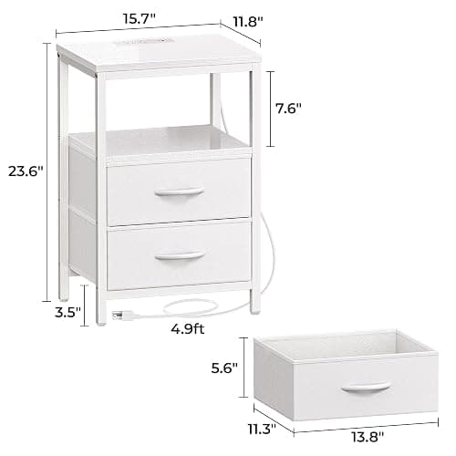 Huuger Nightstand with Charging Station, Side Table with 2 Fabric Drawers, End Table with Open Shelf, Bedside Table with USB-C Port and Outlets, Night Stand, PU Leather, White thumbnail 3