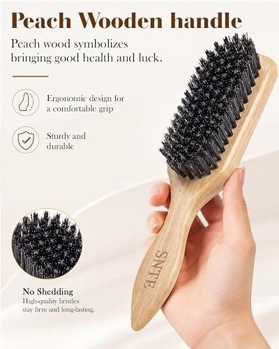 Peach Wood Boar Bristle Slick Back Hair Brush & Rat Tail Comb Set - Controls Frizz, Smooths Flyaways, Restores Shine - Creates Sleek Ponytails, Buns & Edge Control, Teasing for Women & Kids thumbnail 8