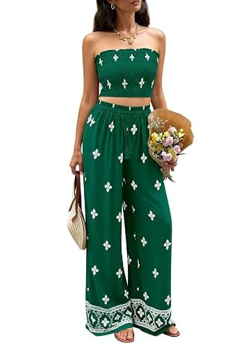 PRETTYGARDEN 2 Piece Sets for Women Summer 2026 Fashion Clothing Boho Tube Tops Wide Leg Pants Cruise Beach Vacation Outfits - Image 1