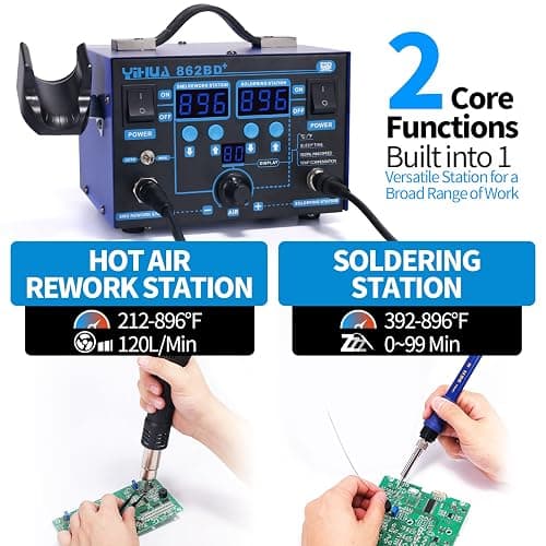 YIHUA 862BD+ SMD ESD Safe 2 in 1 Soldering Iron Hot Air Rework Station °F /°C with Multiple Functions thumbnail 4