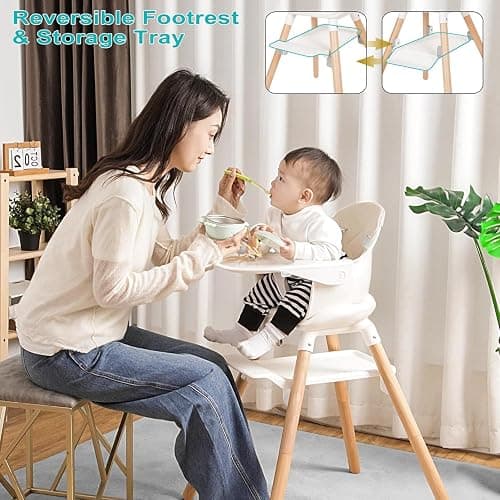 Komcot High Chair, 6 in 1 Convertible High Chairs for Babies and Toddlers | Wooden Baby High Chair, Toddler Highchair with Double Tray & Reversible Footrest, 5-Point Harness Baby Feeding Chair, Beige thumbnail 4