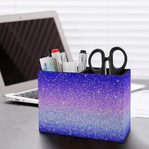 QIPVEKR Purple Blue Gradient Glitters Leather Pen Container 5.9X2.8 In | Multifunctional Pen Container with 2 Compartments,Pencil Holder Desktop Organizer Makeup Brush Holder for Office Home thumbnail 2