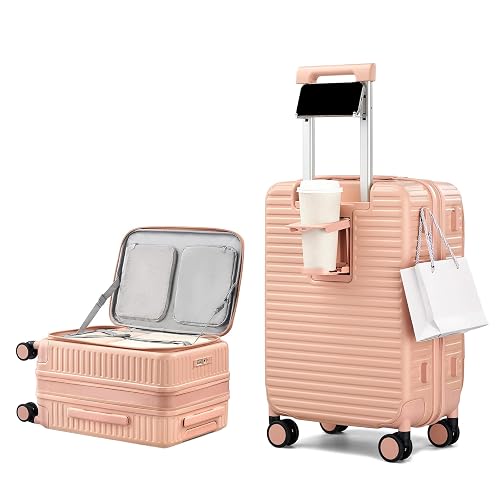 HanTrip 20 Inch Carry on Luggage 22x14x9 Airline Approved Hard Shell Suitcases with Wheels, Top Opening Expandable Carry on Luggage with Cup Holder Small Rolling Suitcase with Lock, Pink - Image 1