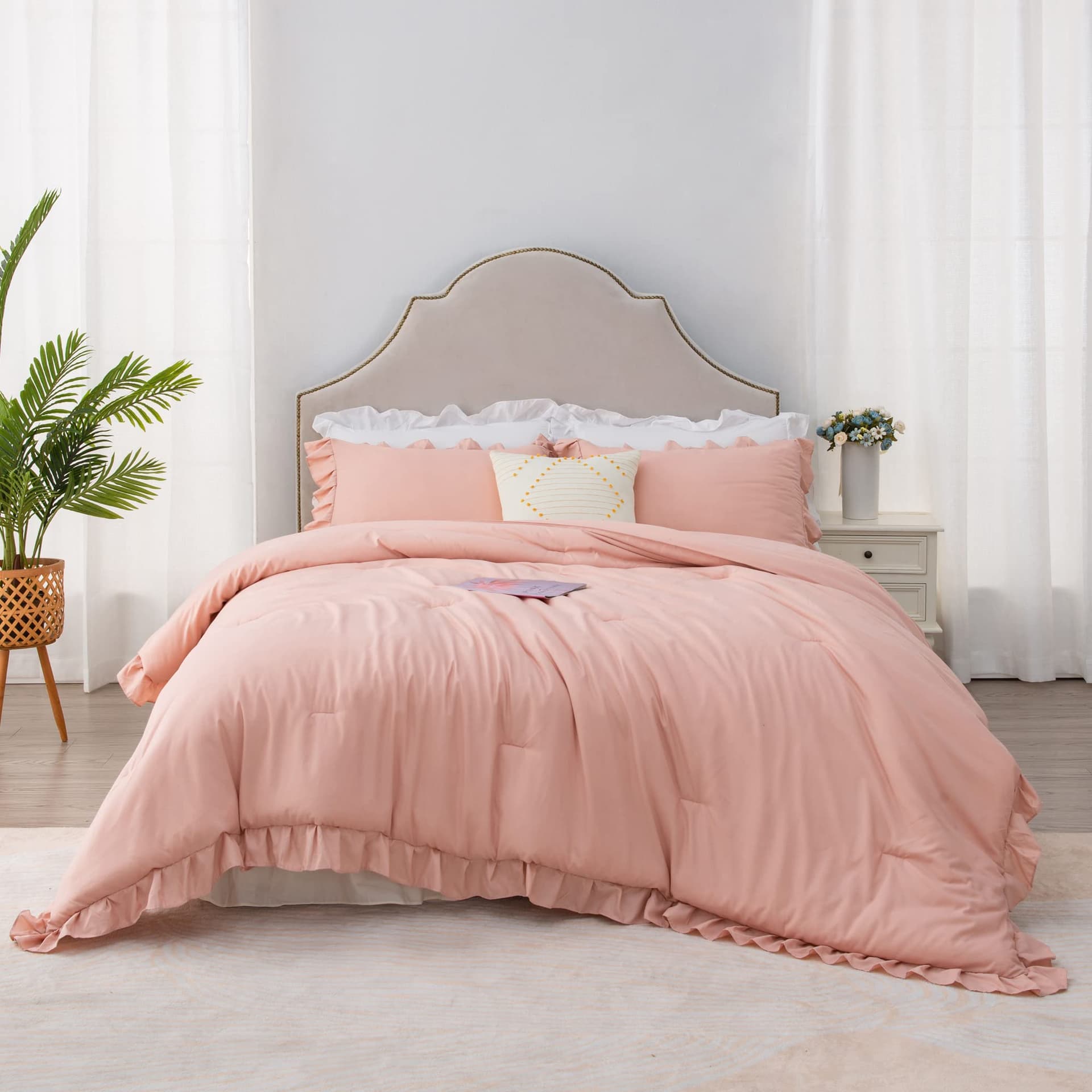 Litanika Blush Pink Ruffle King Bed Comforter Set, 3 Pieces Girls Women Cute Bedding Comforters & Sets, Lightweight Fluffy Microfiber Down Alternative (104x90In Comforter & 2 Pillowcases) - King (104"x90") - Blush Pink thumbnail 2